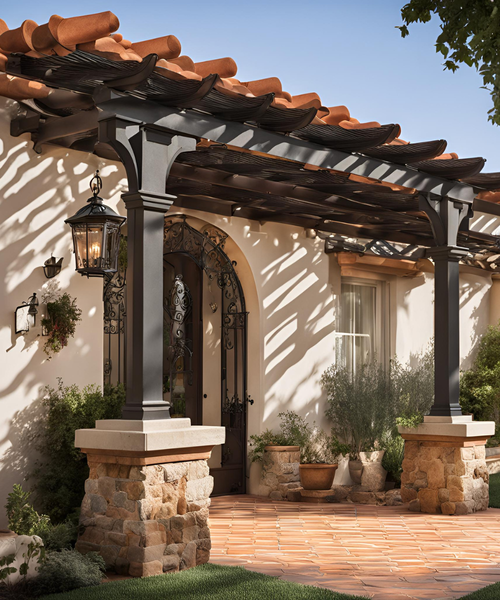 small pergola attached to spanish style house